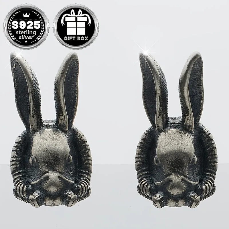 2pc925 Silvery Rabbit Earrings Retro Thai Animal Goth Punk Halloween Party