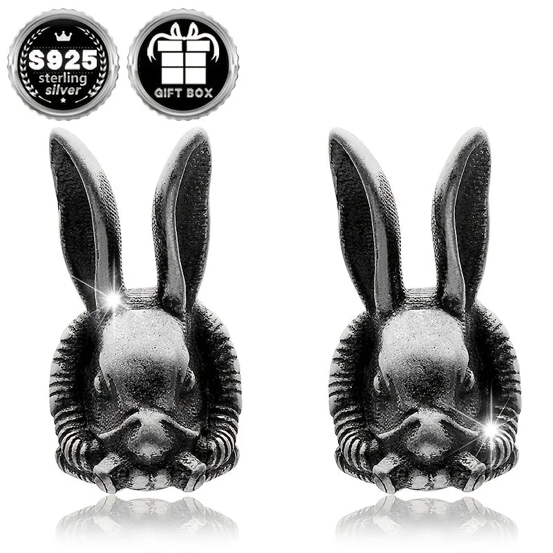 2pc925 Silvery Rabbit Earrings Retro Thai Animal Goth Punk Halloween Party
