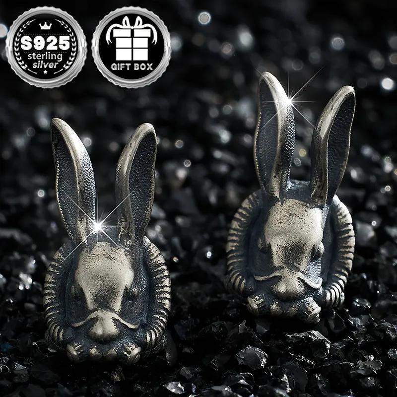 2pc925 Silvery Rabbit Earrings Retro Thai Animal Goth Punk Halloween Party