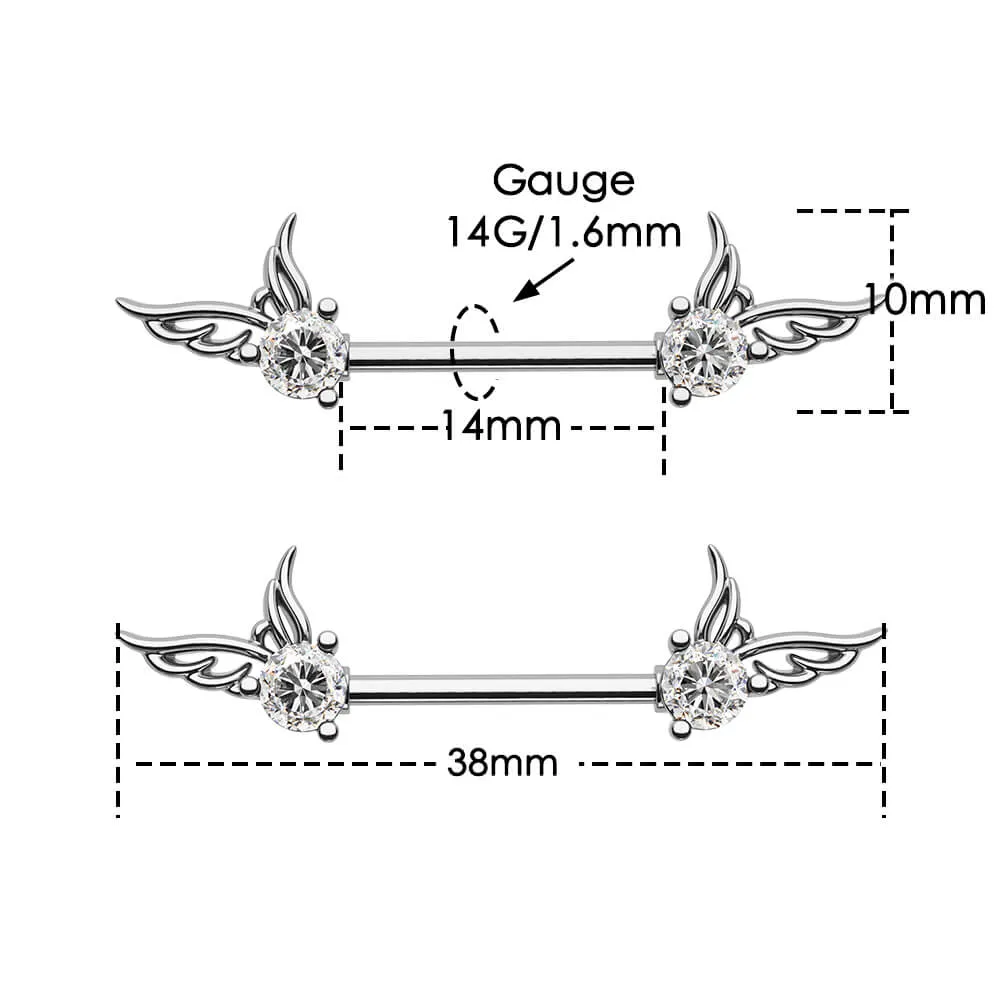2Pcs 14G Clear CZ Flying Wings Nipple Barbell Set