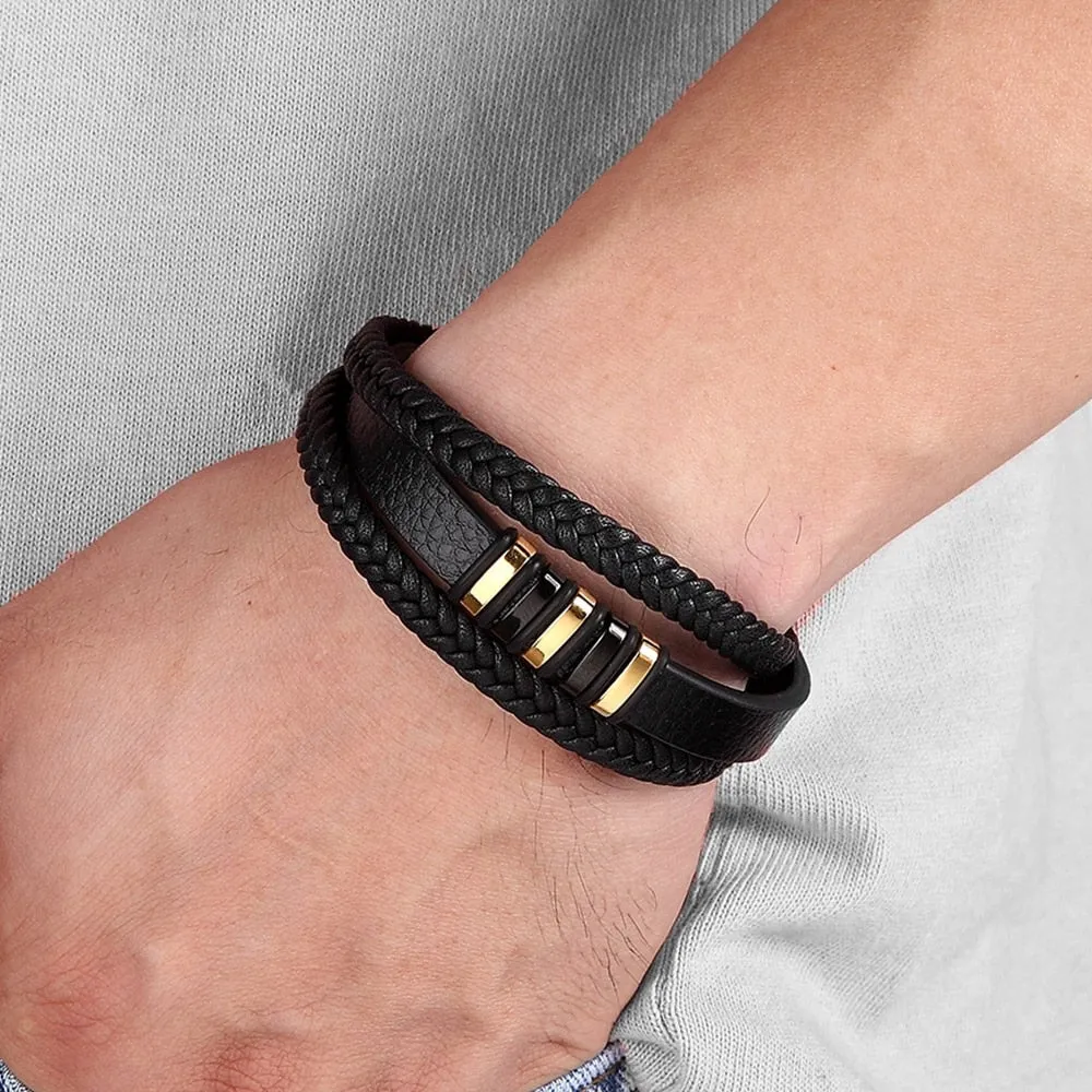 3 Layers Black Punk Style Design Leather Bracelet for Men