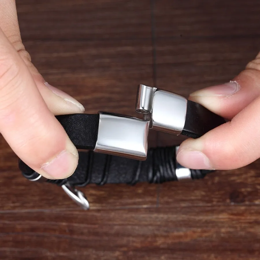 3 Layers Black Punk Style Design Leather Bracelet for Men