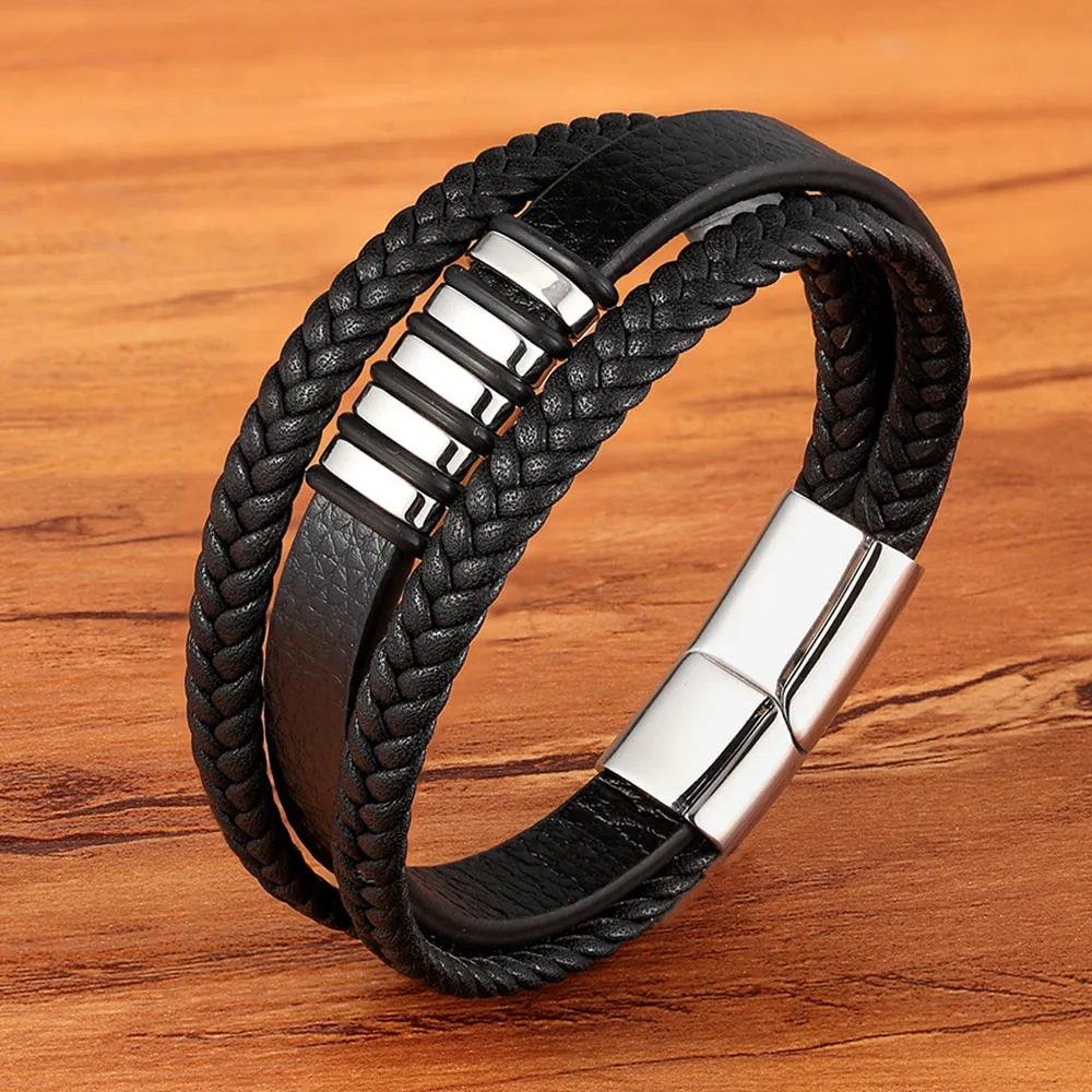 3 Layers Black Punk Style Design Leather Bracelet for Men