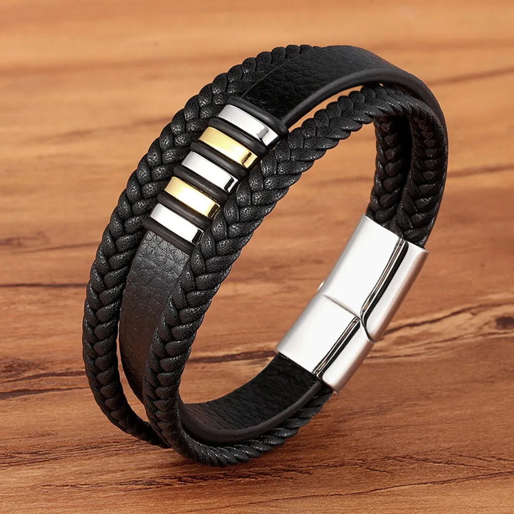 3 Layers Black Punk Style Design Leather Bracelet for Men