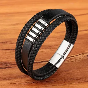 3 Layers Black Punk Style Design Leather Bracelet for Men