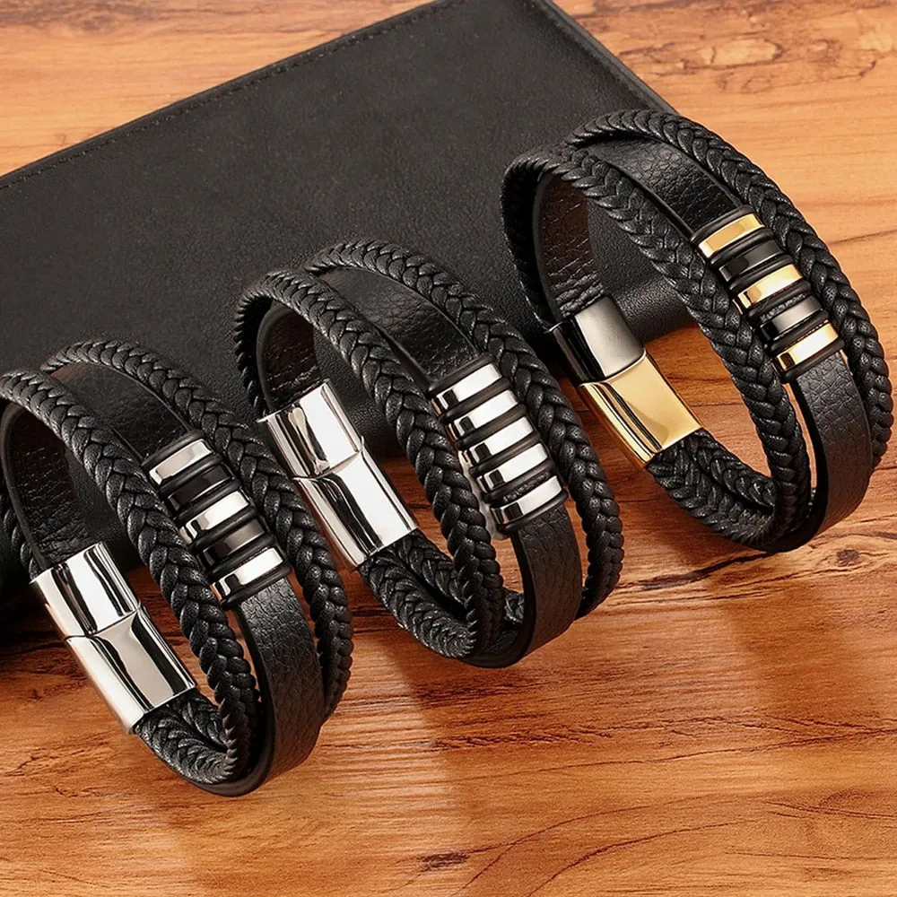 3 Layers Black Punk Style Design Leather Bracelet for Men