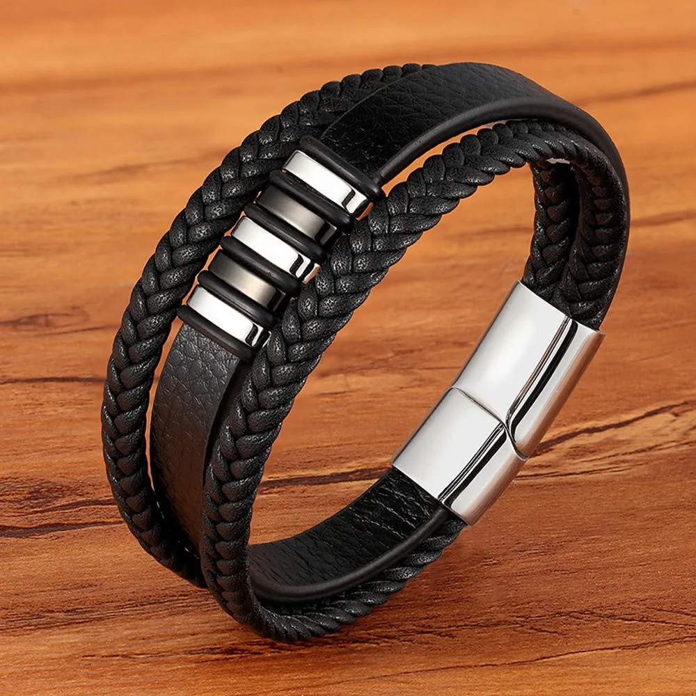 3 Layers Black Punk Style Design Leather Bracelet for Men