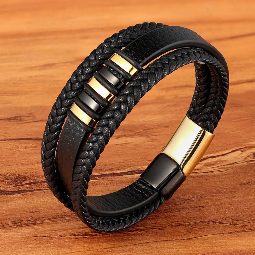 3 Layers Black Punk Style Design Leather Bracelet for Men