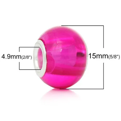 5 Glass European Charm Beads Round Fuchsia
