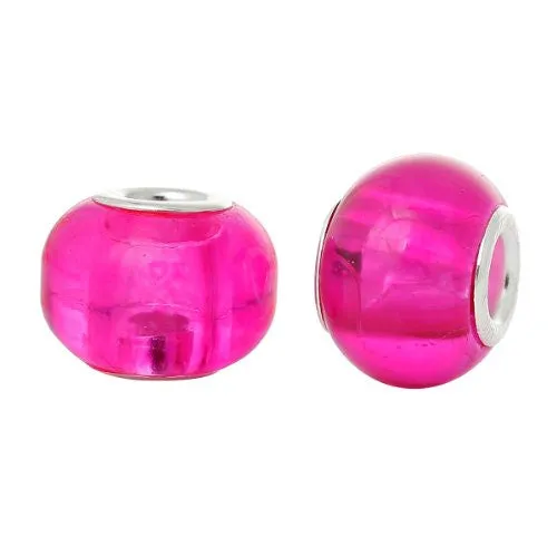 5 Glass European Charm Beads Round Fuchsia