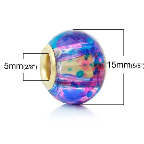 5 Glass European Charm Beads Round Multi