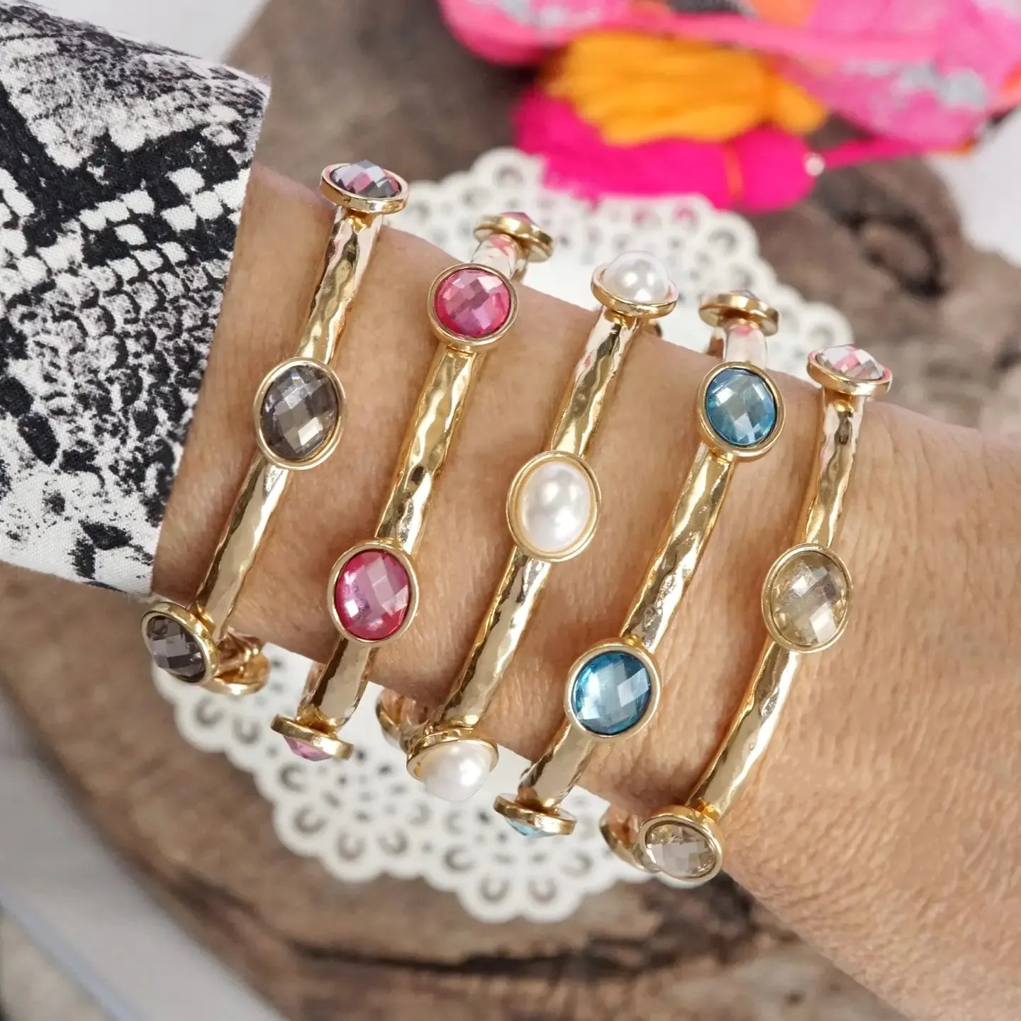 5 Piece Boho Beaded Bracelet Stack Semi Precious Glass Beads - Yellow