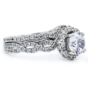 6.5mm Round Center 14K White Gold Engagement Infinity Micropave Ring And Wedding Band Set