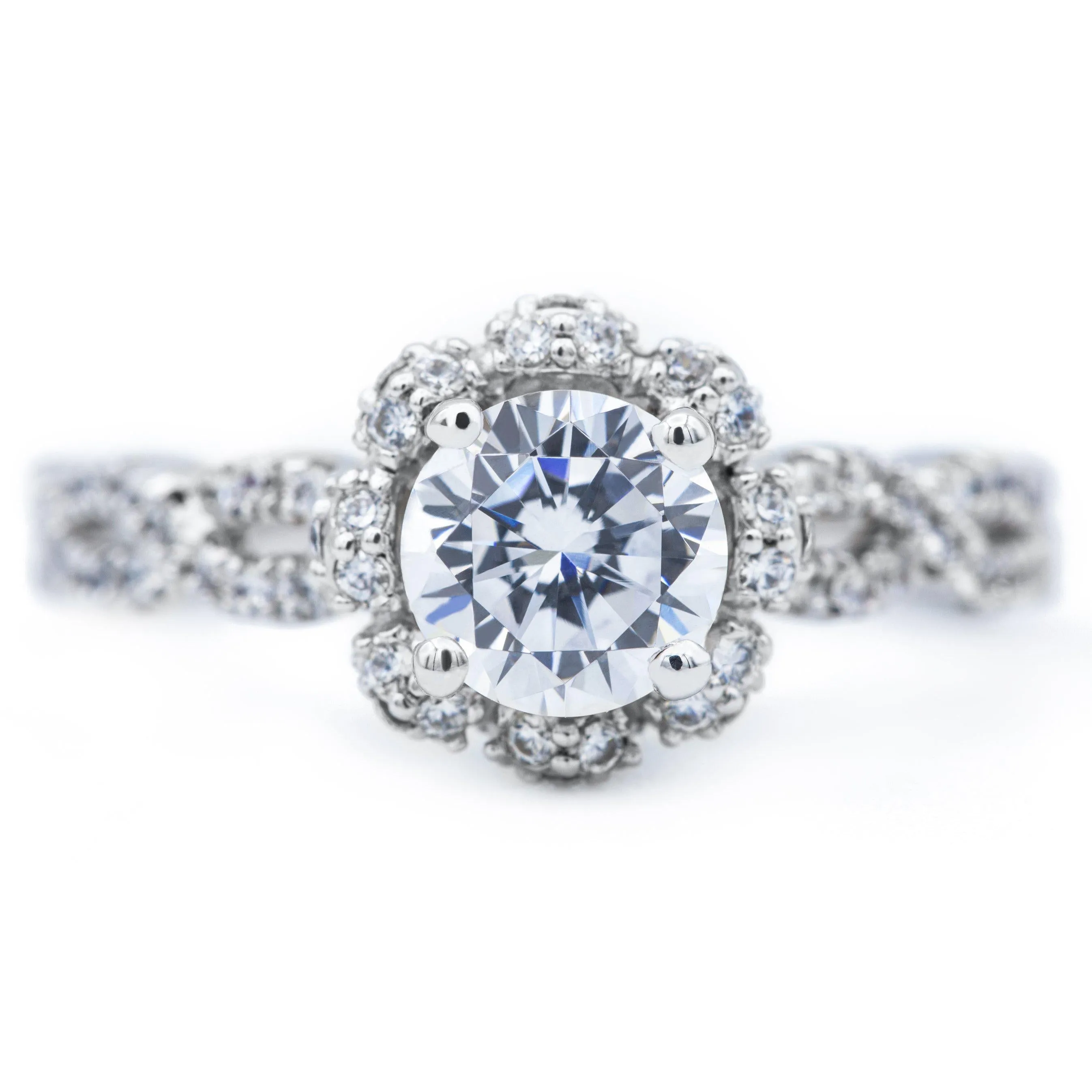 6.5mm Round Center 14K White Gold Engagement Infinity Micropave Ring And Wedding Band Set