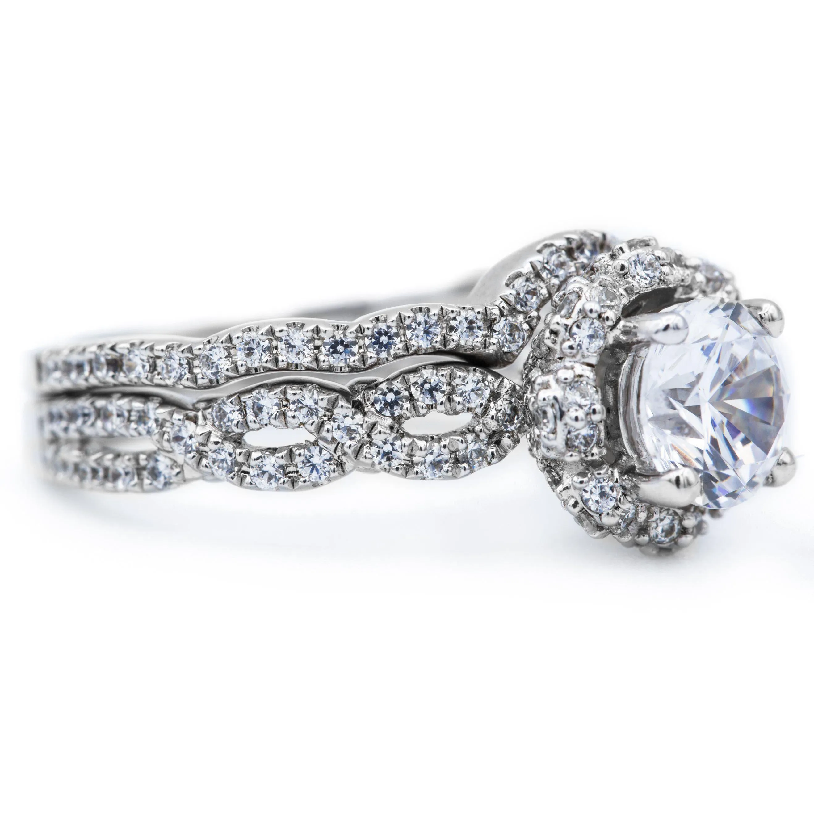 6.5mm Round Center 14K White Gold Engagement Infinity Micropave Ring And Wedding Band Set