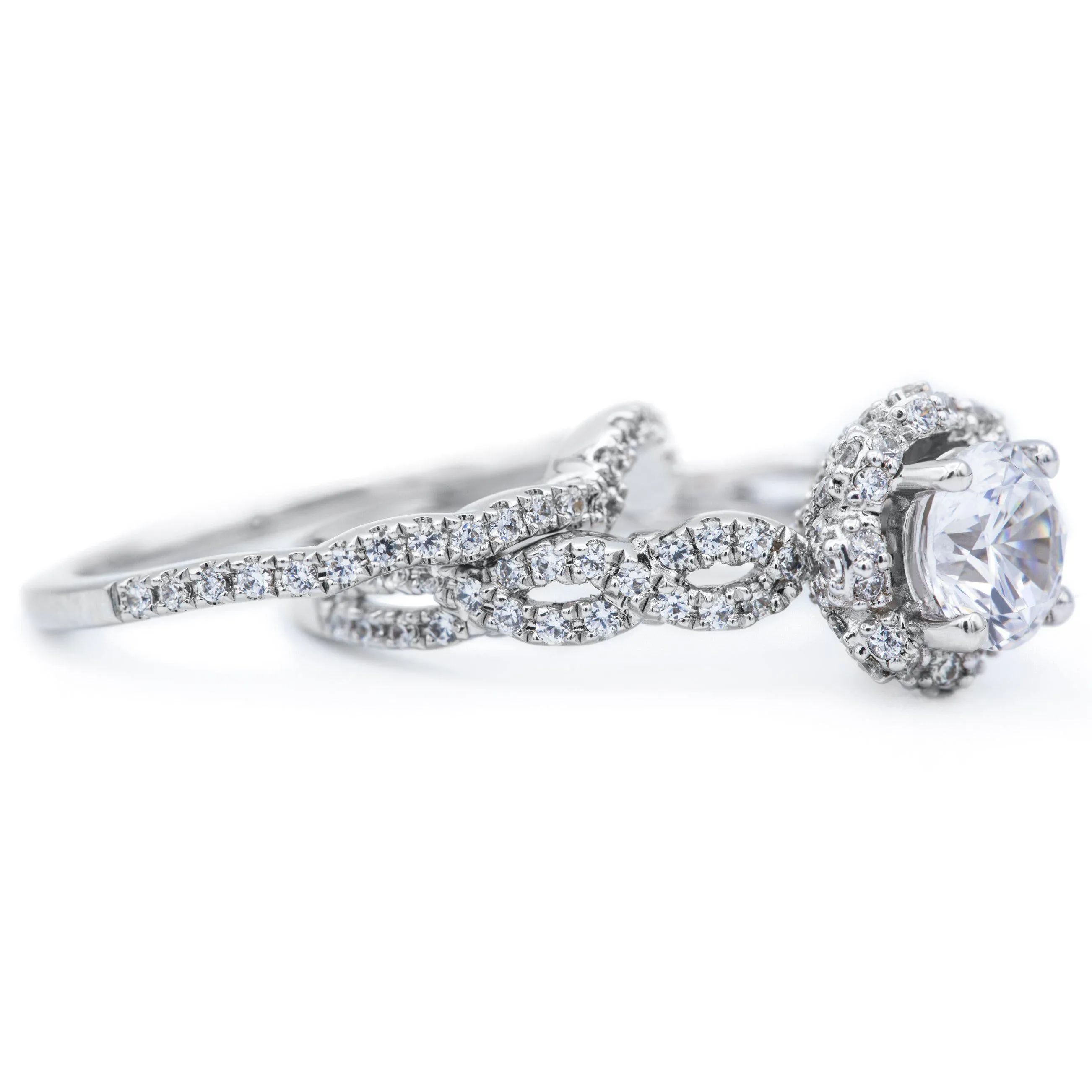 6.5mm Round Center 14K White Gold Engagement Infinity Micropave Ring And Wedding Band Set