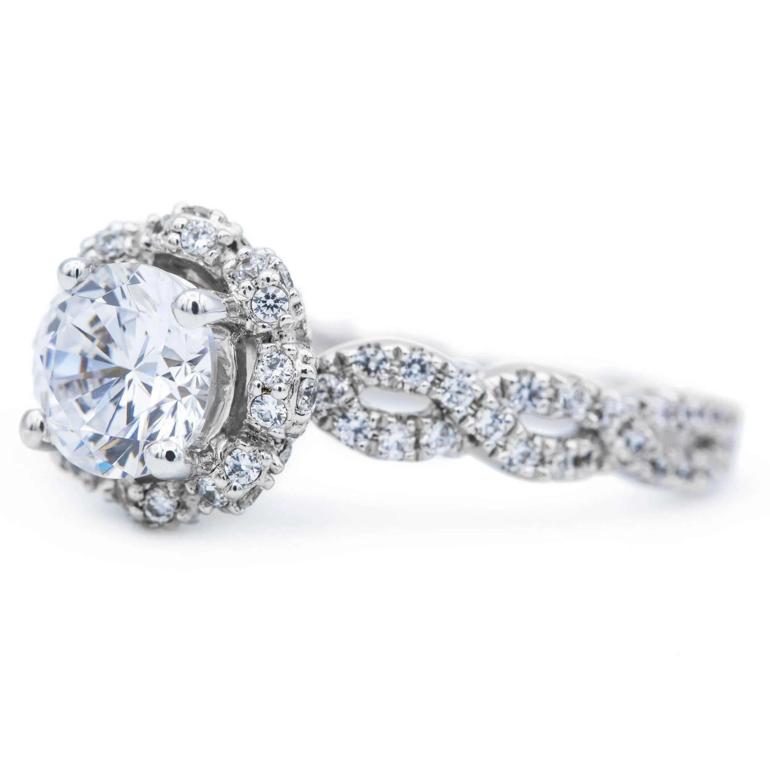 6.5mm Round Center 14K White Gold Engagement Infinity Micropave Ring And Wedding Band Set