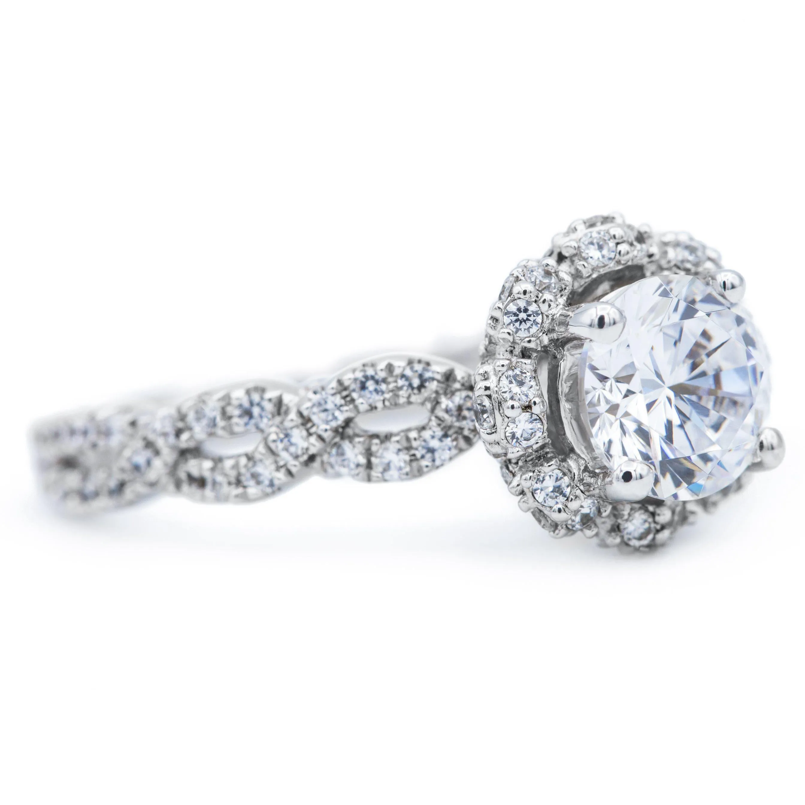 6.5mm Round Center 14K White Gold Engagement Infinity Micropave Ring And Wedding Band Set