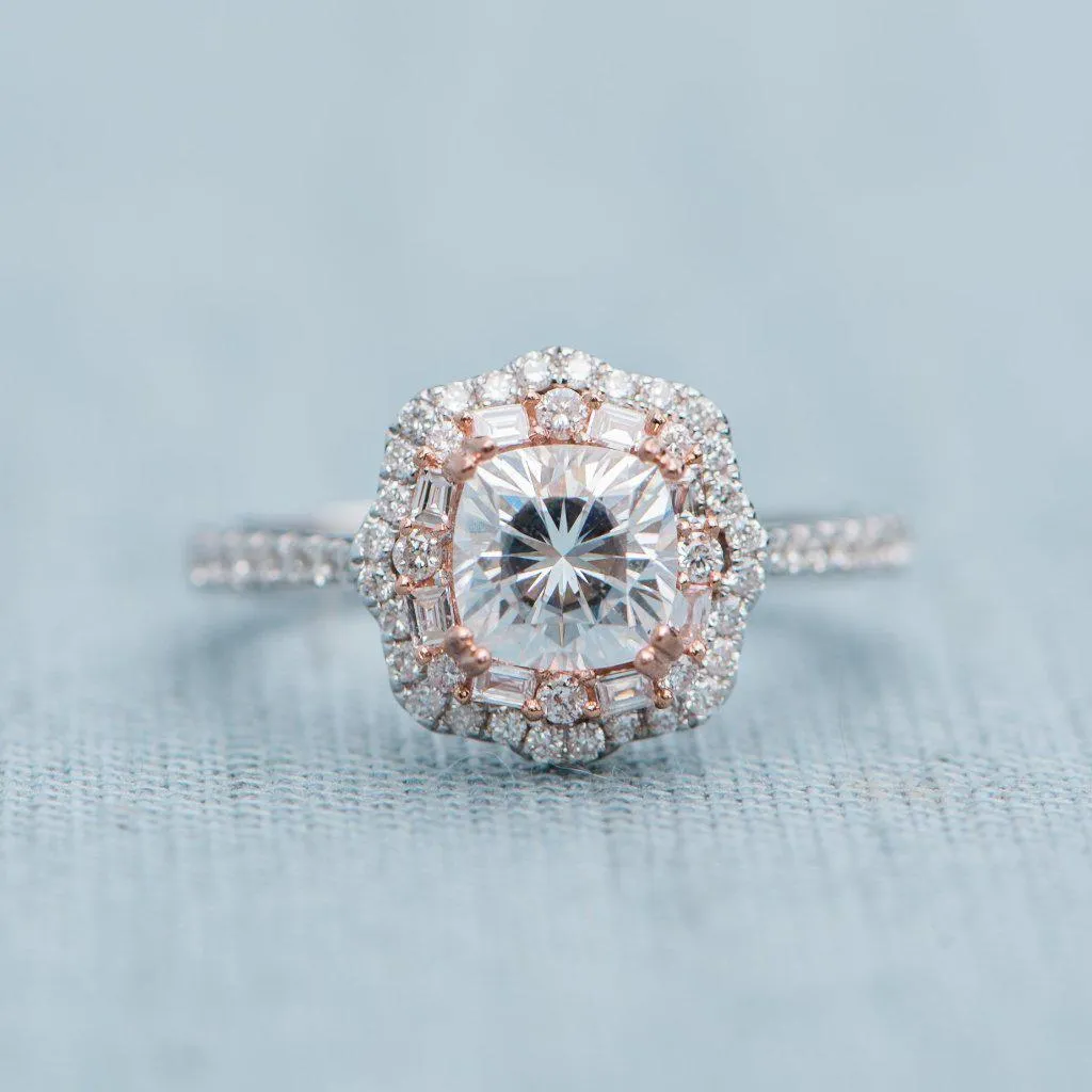 *7.5mm Cushion Center 14k Gold Antique Halo Basket Ring