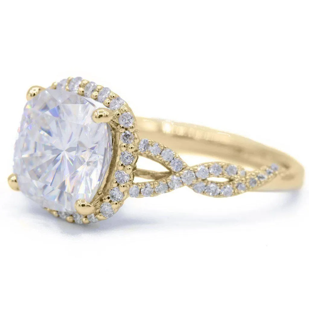 8mm Cushion Center 14k Yellow Gold Infinity Band Halo MicroPave Diamond Ring