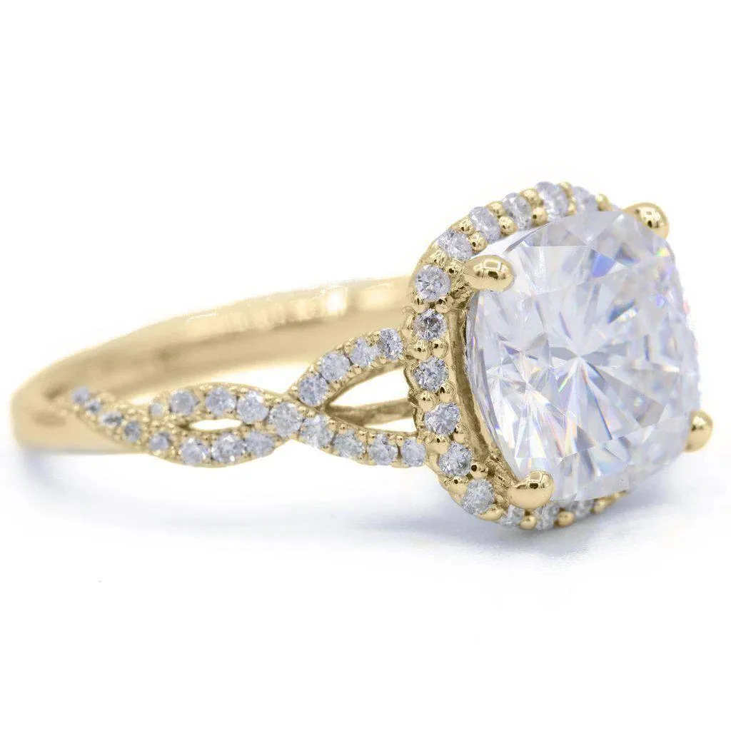 8mm Cushion Center 14k Yellow Gold Infinity Band Halo MicroPave Diamond Ring