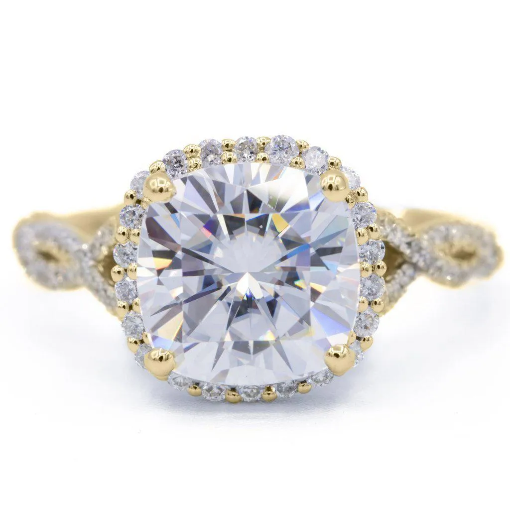 8mm Cushion Center 14k Yellow Gold Infinity Band Halo MicroPave Diamond Ring