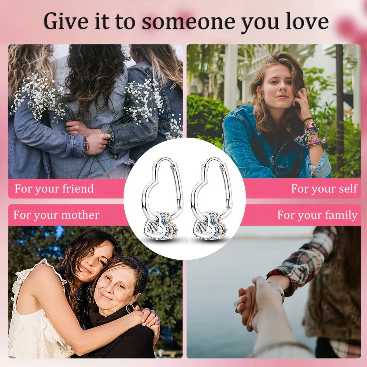 925 Silver Heart Shape Triple Rings Zirconia Drop Earrings