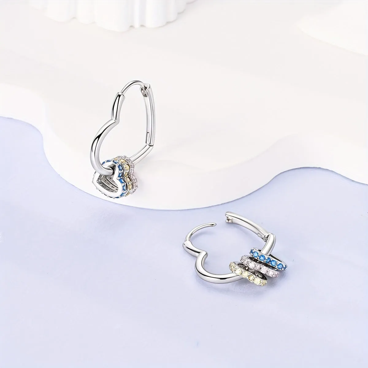 925 Silver Heart Shape Triple Rings Zirconia Drop Earrings