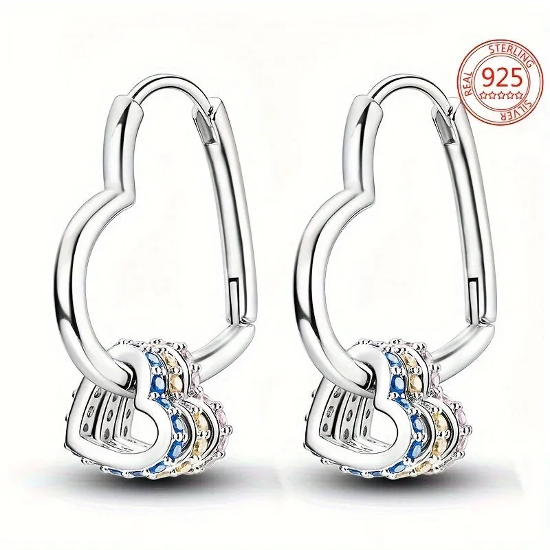 925 Silver Heart Shape Triple Rings Zirconia Drop Earrings