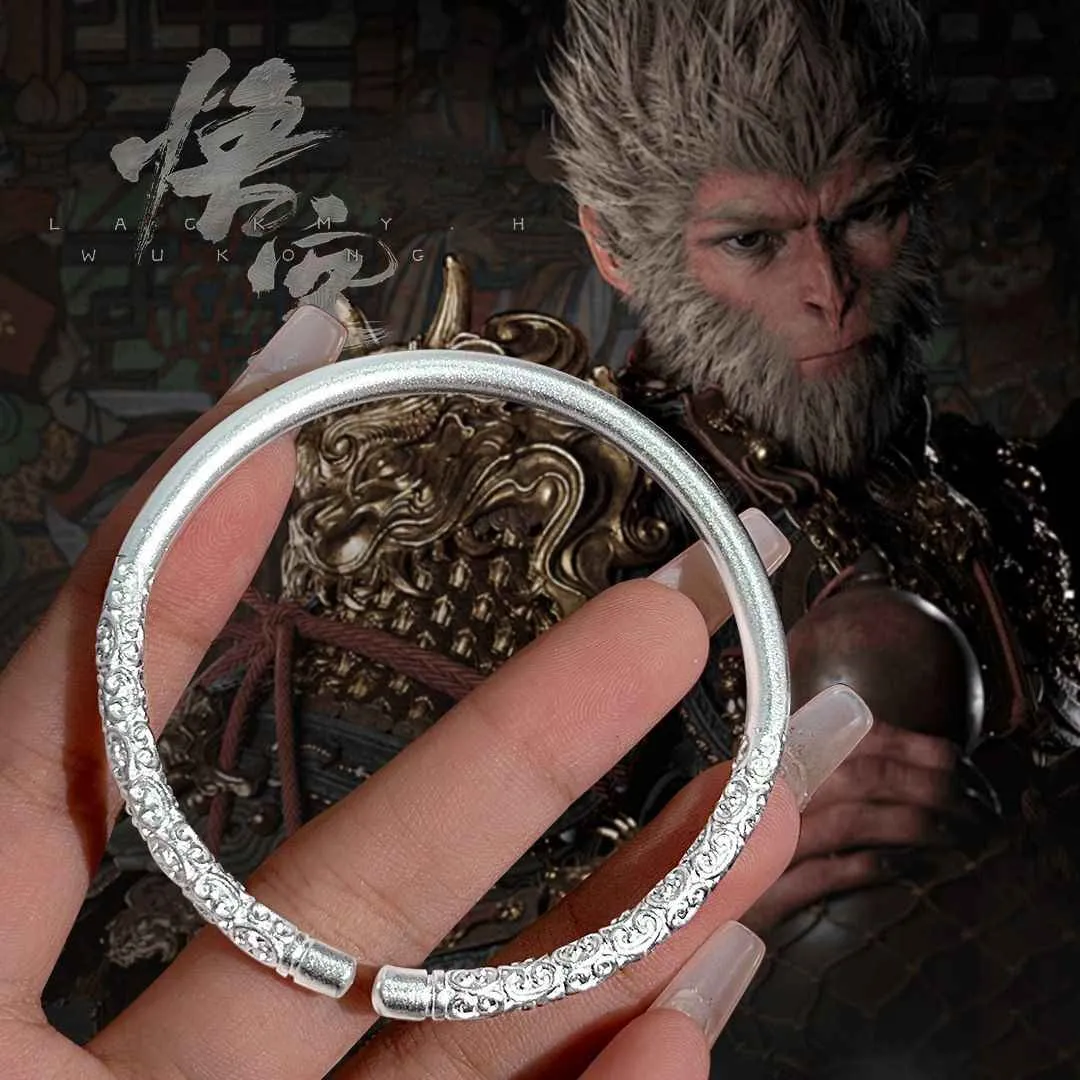 999 Sterling Silver Black Myth Wukong Matching Couple Bracelets, Wukong Crown & Monkey King Bar Bracelets, Eternal Love Bracelet