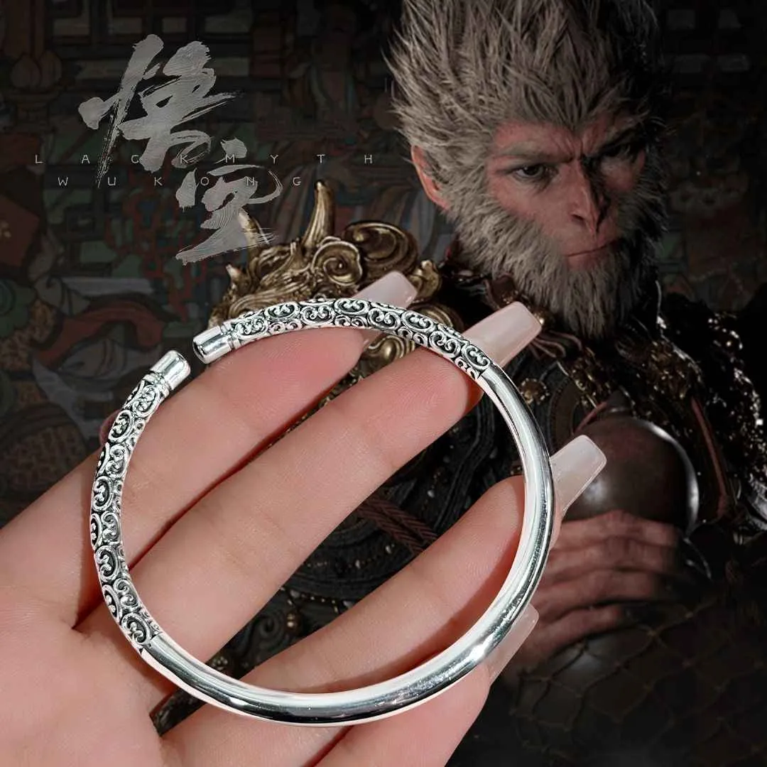 999 Sterling Silver Black Myth Wukong Matching Couple Bracelets, Wukong Crown & Monkey King Bar Bracelets, Eternal Love Bracelet