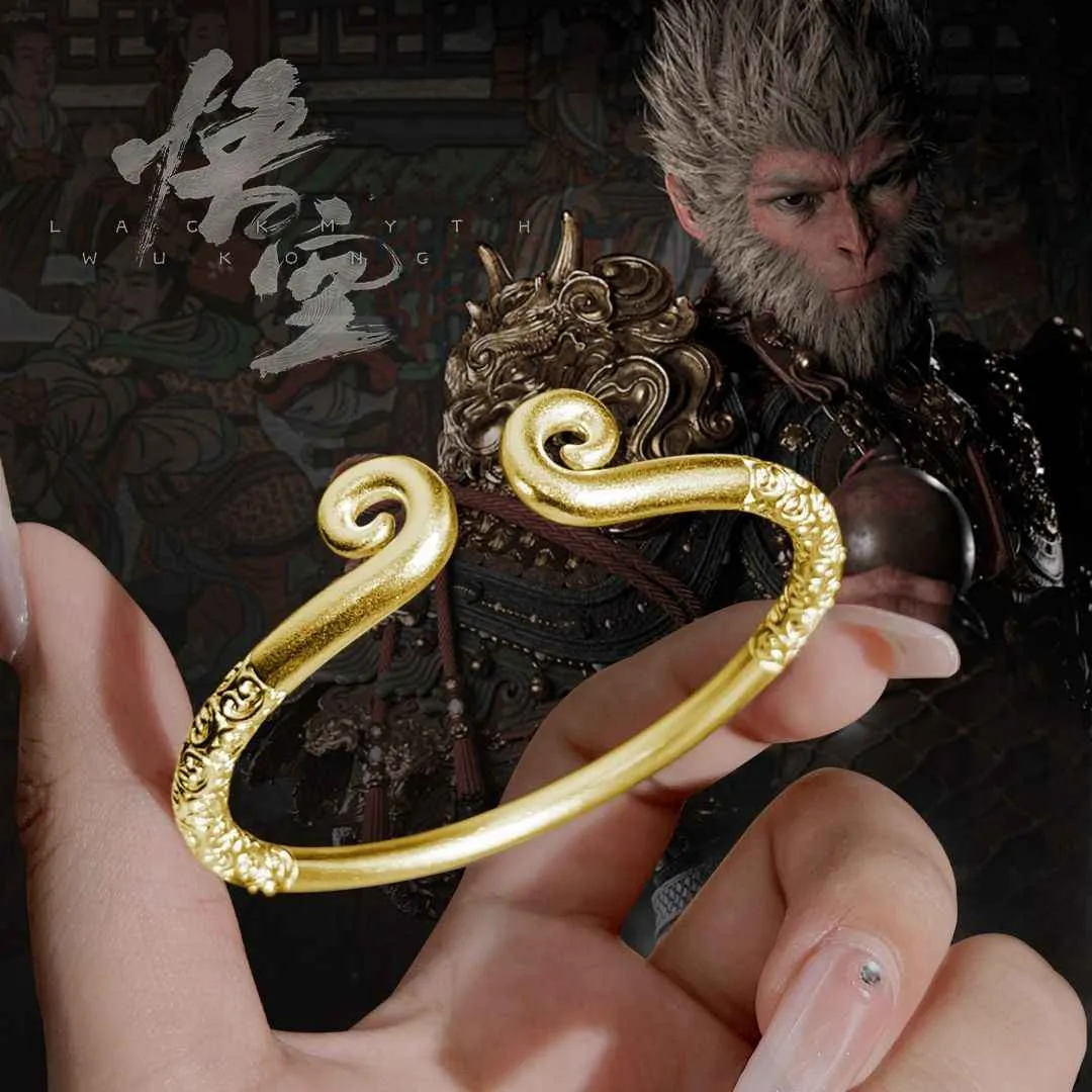 999 Sterling Silver Black Myth Wukong Matching Couple Bracelets, Wukong Crown & Monkey King Bar Bracelets, Eternal Love Bracelet