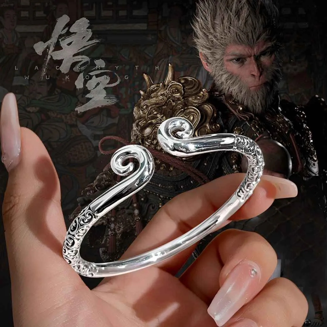 999 Sterling Silver Black Myth Wukong Matching Couple Bracelets, Wukong Crown & Monkey King Bar Bracelets, Eternal Love Bracelet