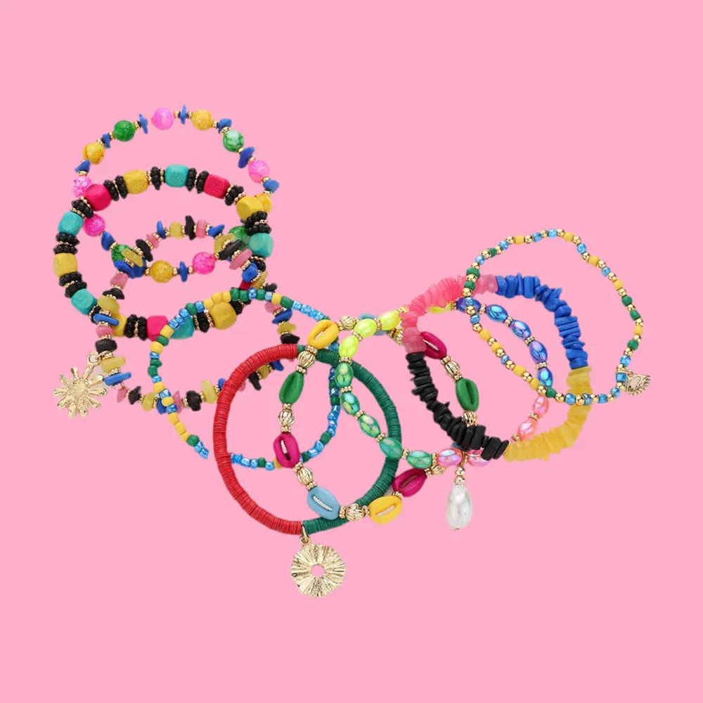 9PCS Metal Flower Shell Pearl Multi Beads Layered Bracelets