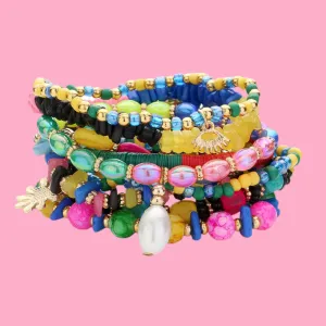 9PCS Metal Flower Shell Pearl Multi Beads Layered Bracelets