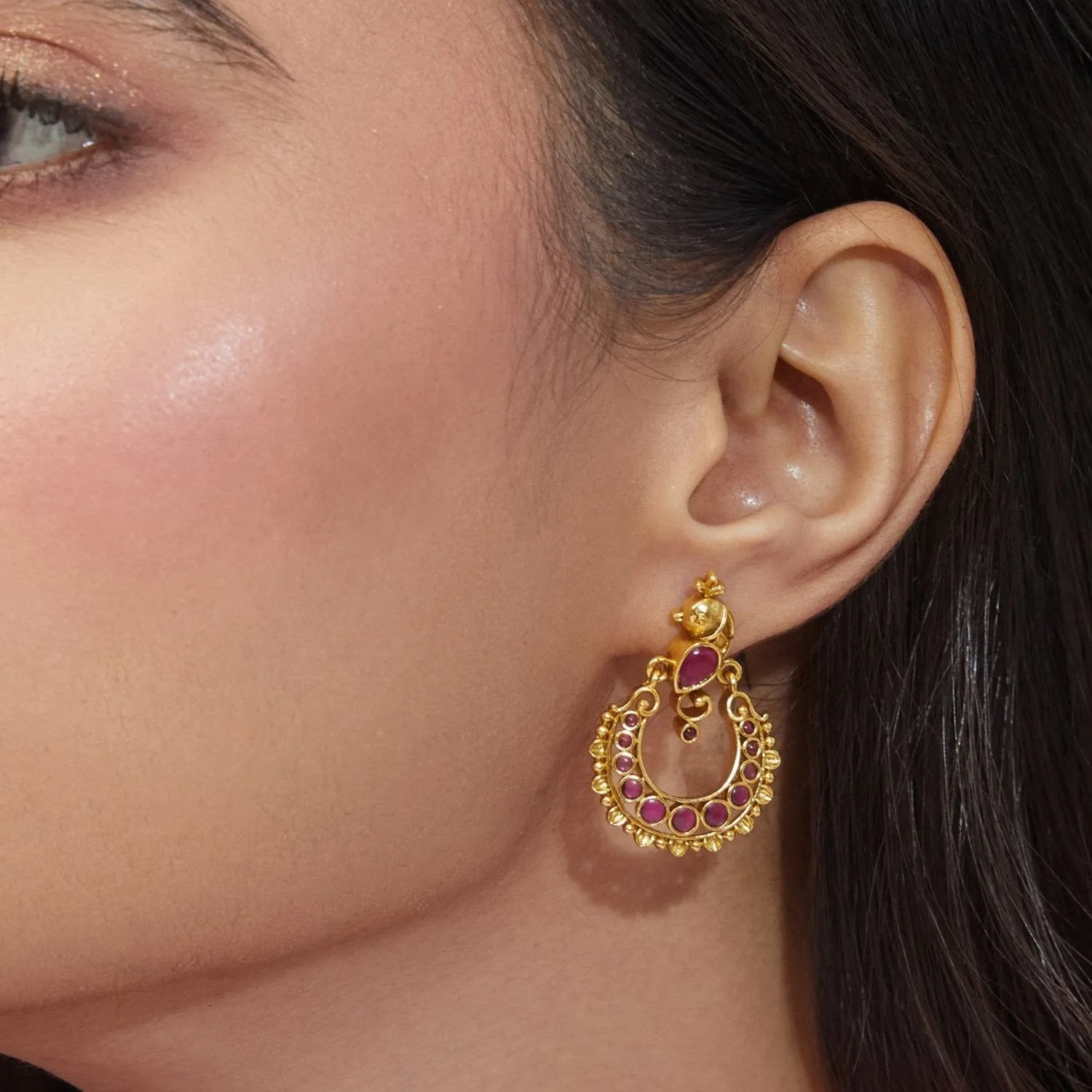 Aaravi Antique Red Kempu Chandbali Earrings