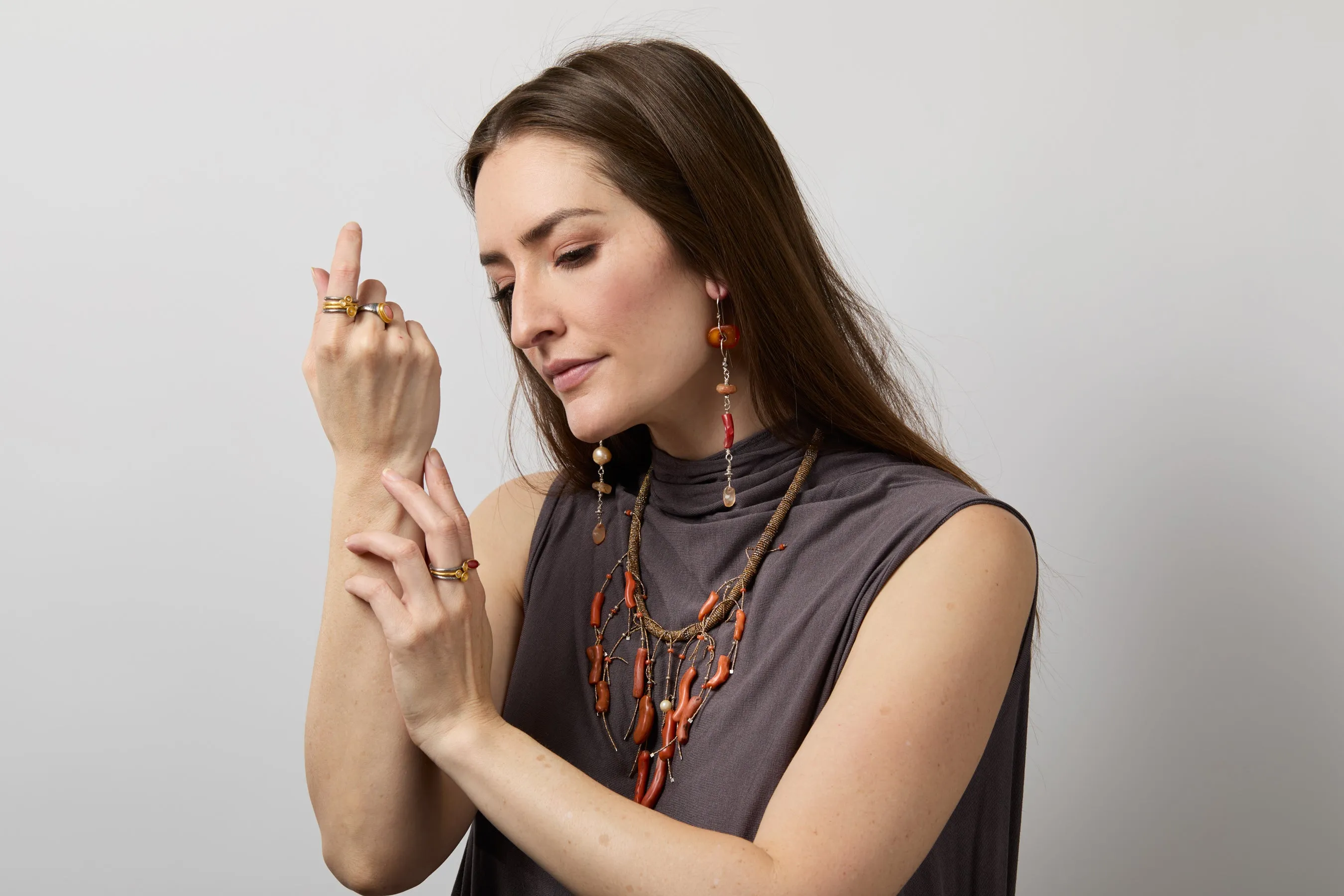 Amber, Agate, and Pearl Earrings