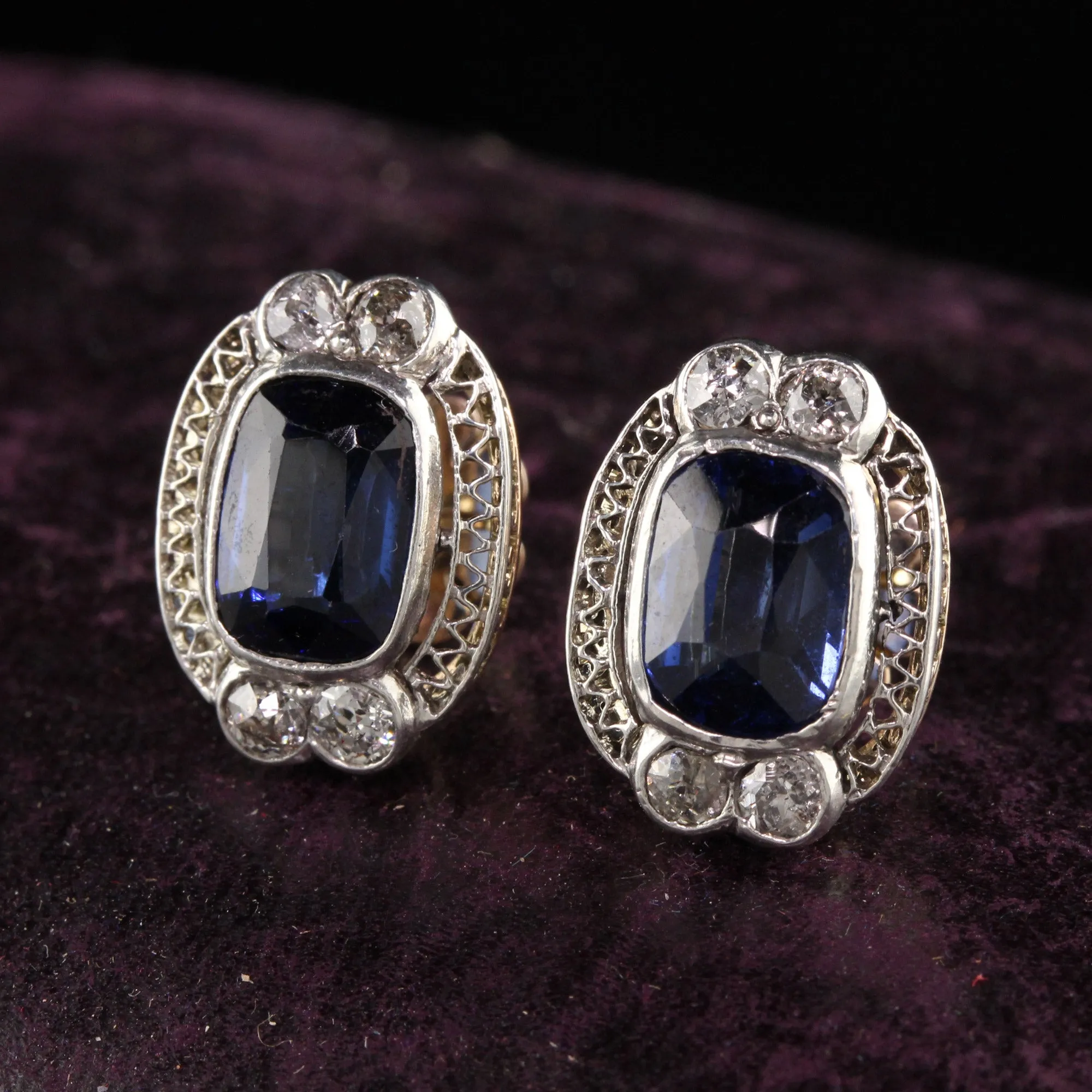 Antique Art Deco 10K Two Tone Yellow Gold Old European Diamond Earrings