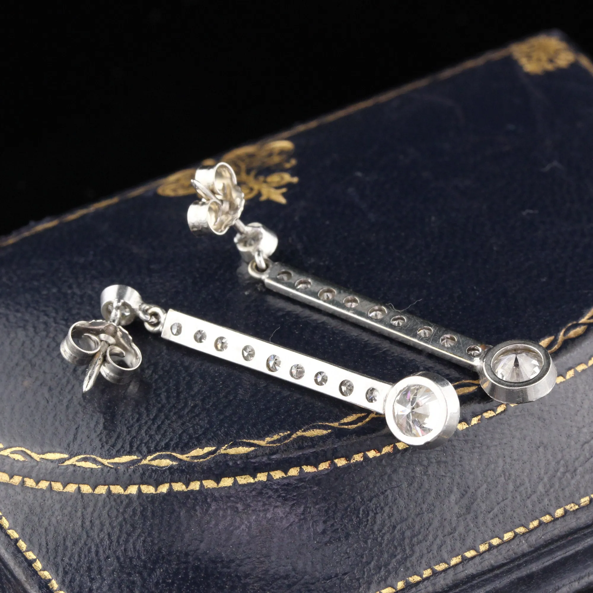 Antique Art Deco 14K & 18K White Gold and Diamond Drop Earrings