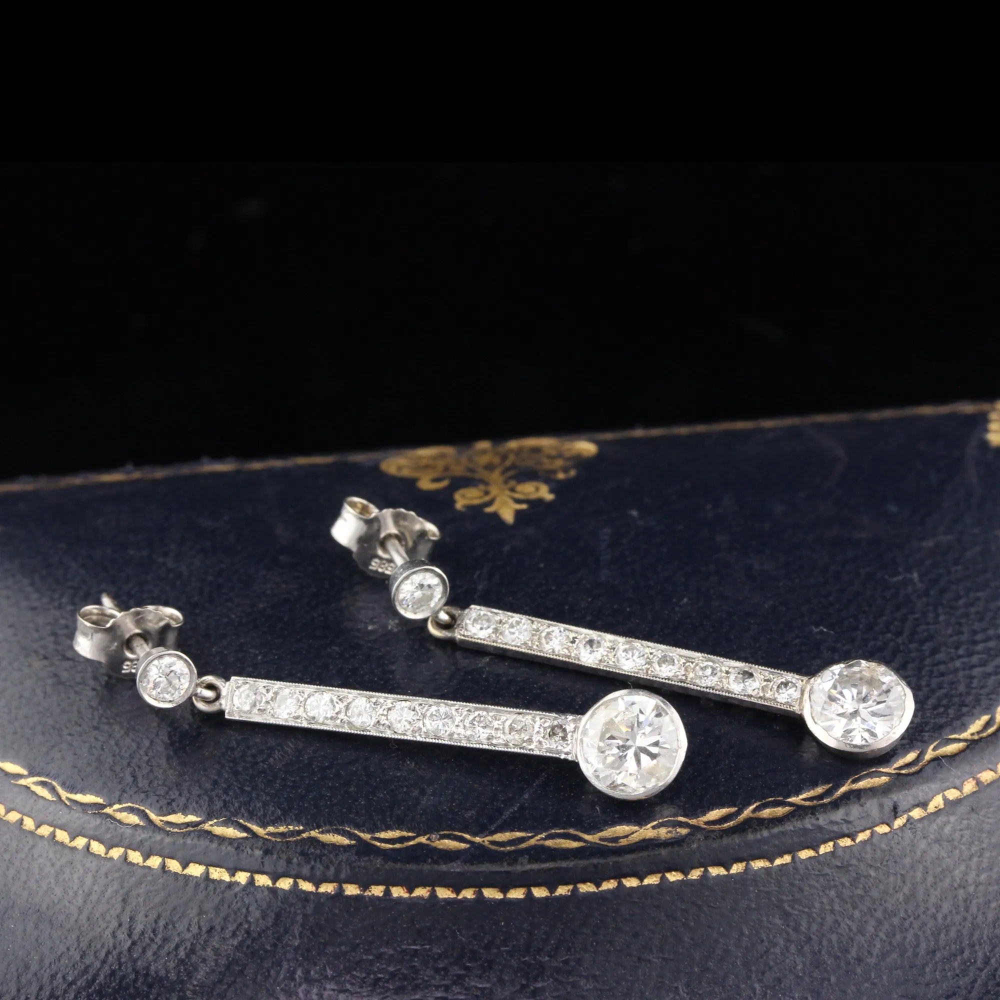 Antique Art Deco 14K & 18K White Gold and Diamond Drop Earrings