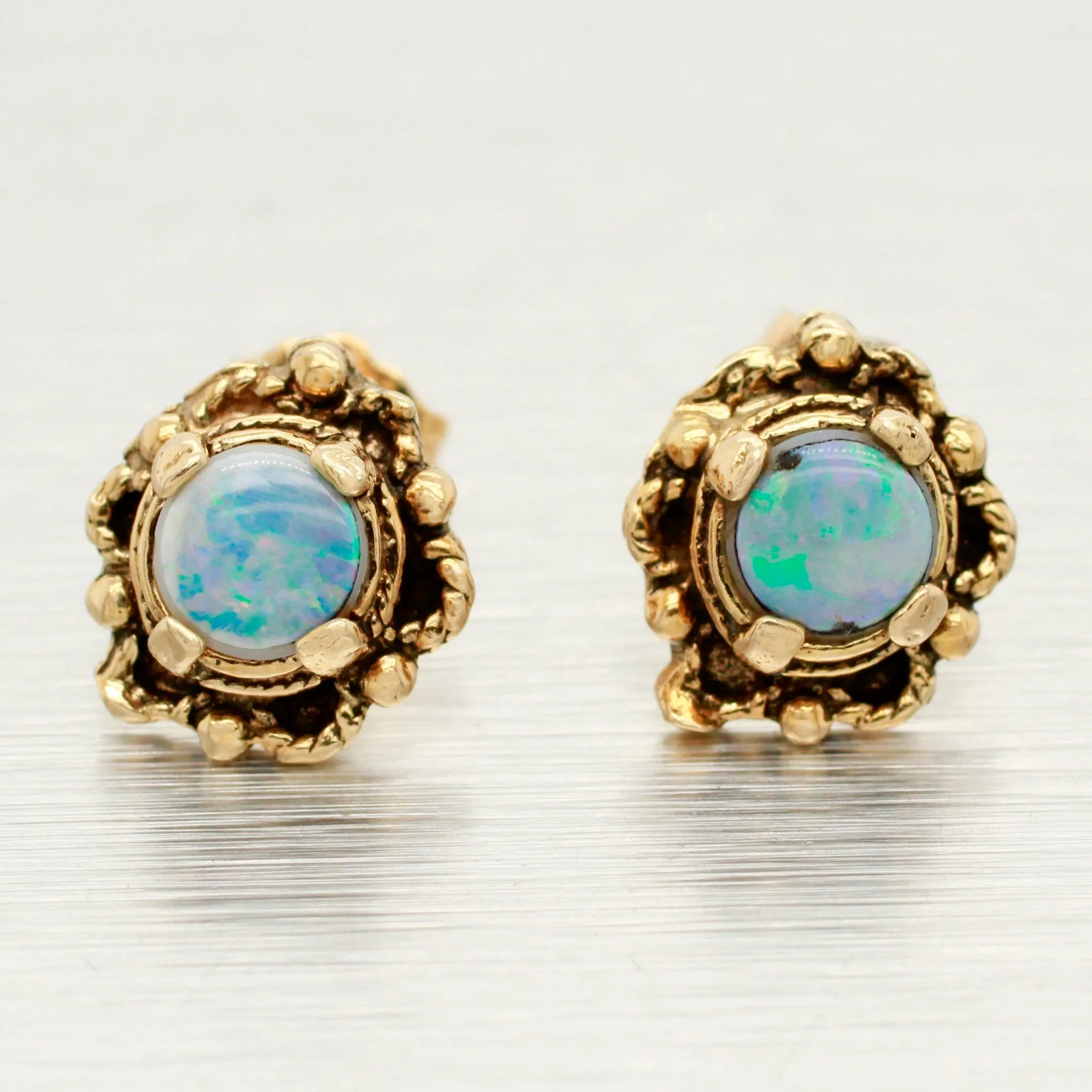 Antique Art Deco Opal Stud Earrings - 14k Yellow Gold Floral Shape