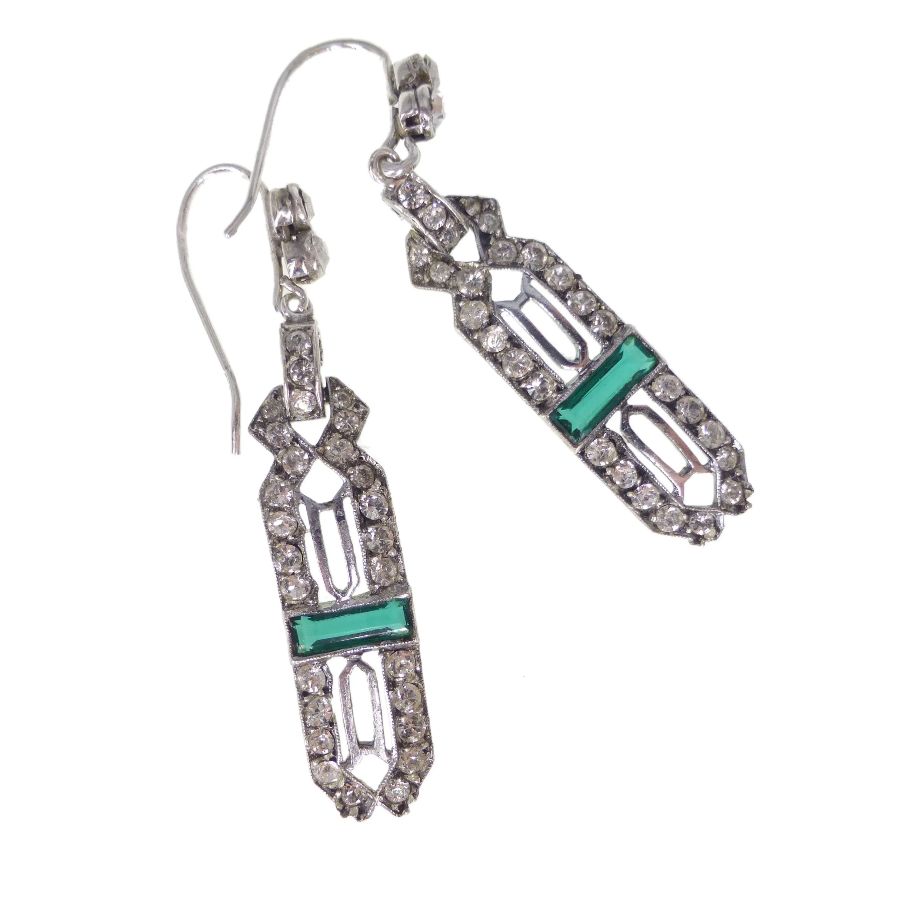 Antique Art Deco Silver Green Paste Earrings