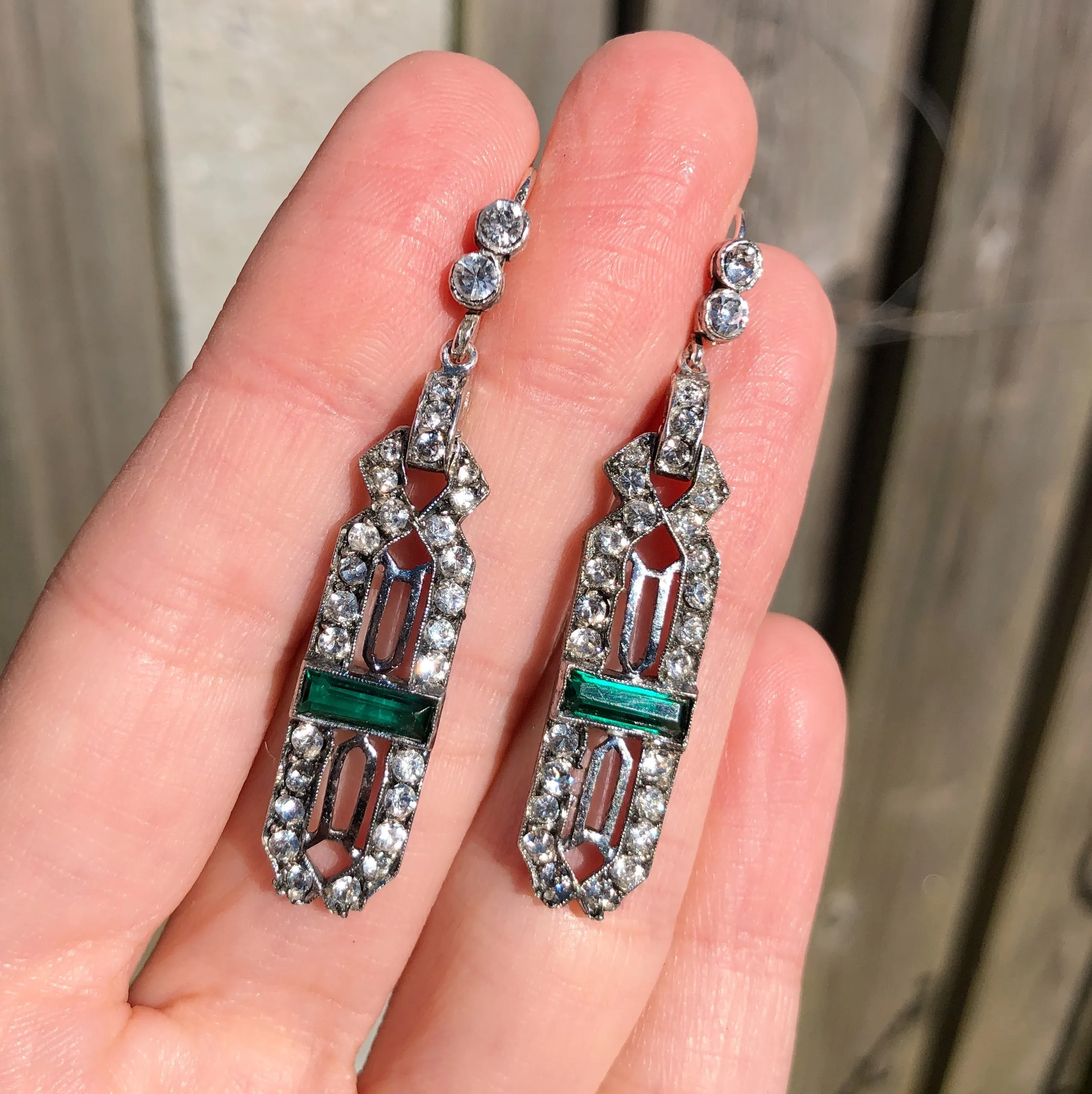 Antique Art Deco Silver Green Paste Earrings
