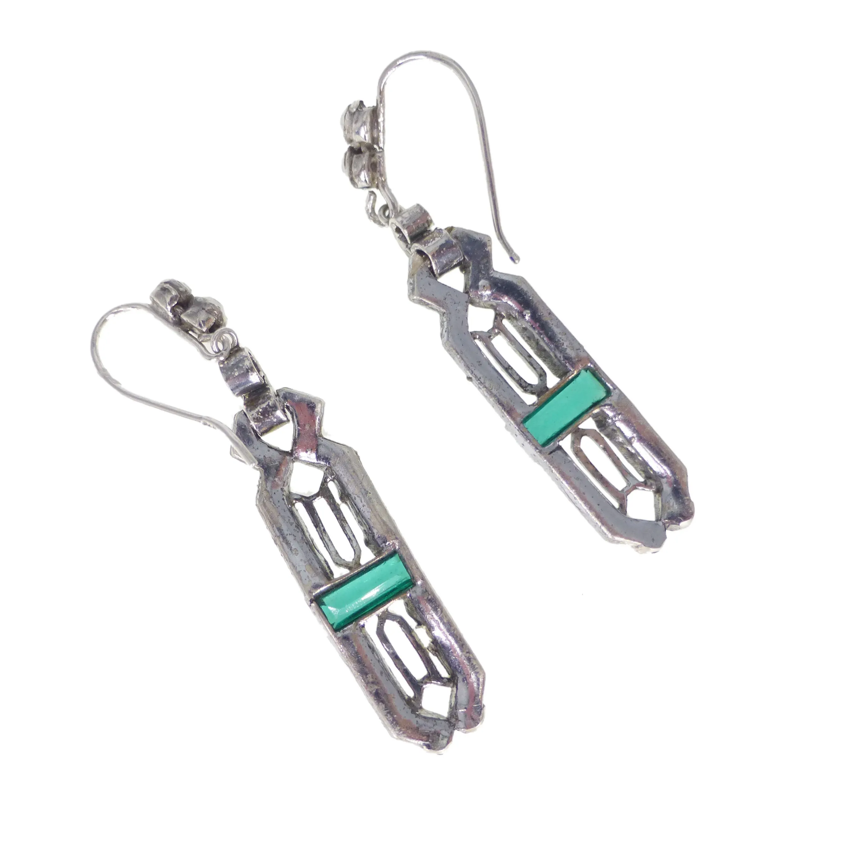Antique Art Deco Silver Green Paste Earrings