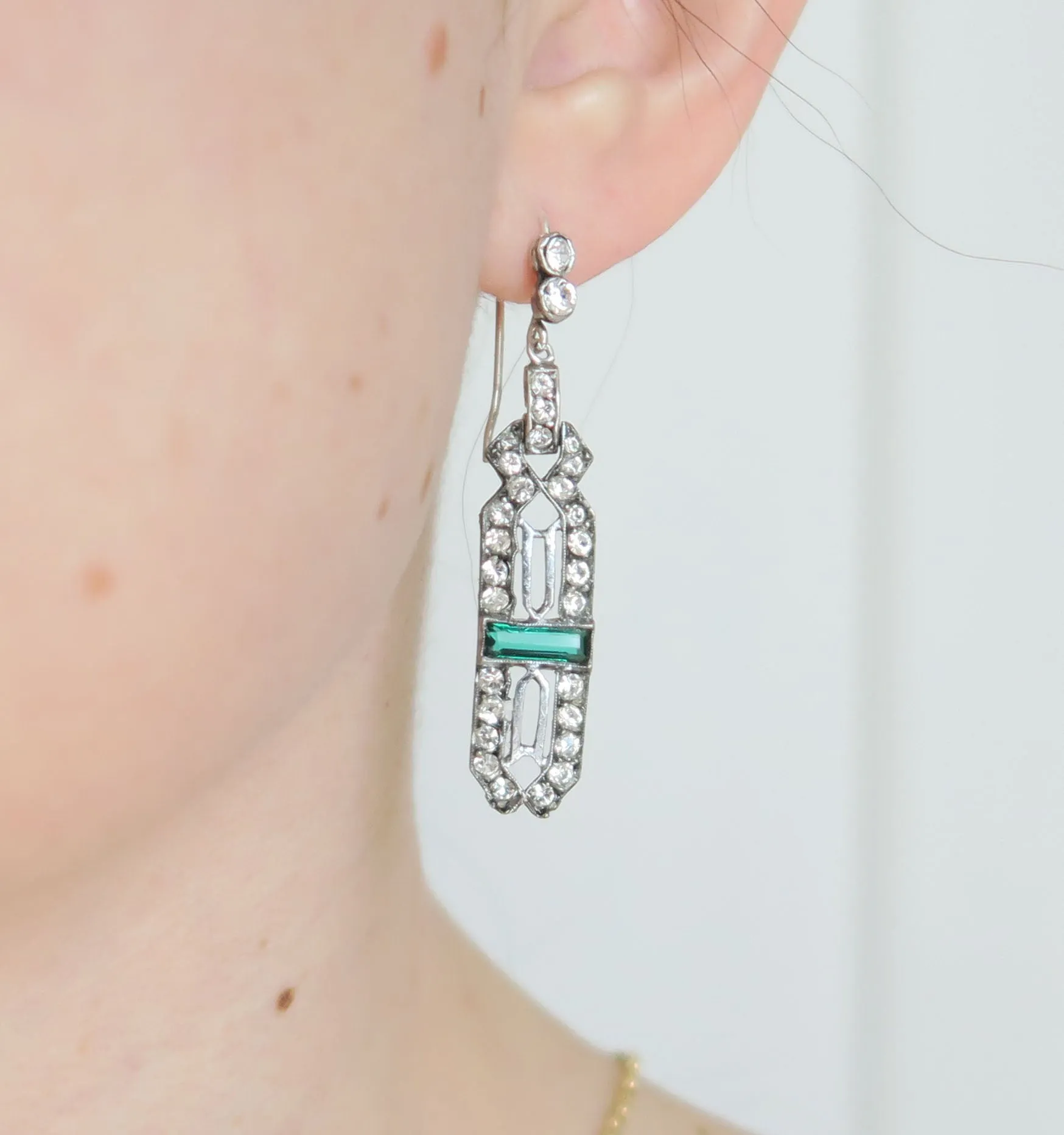 Antique Art Deco Silver Green Paste Earrings