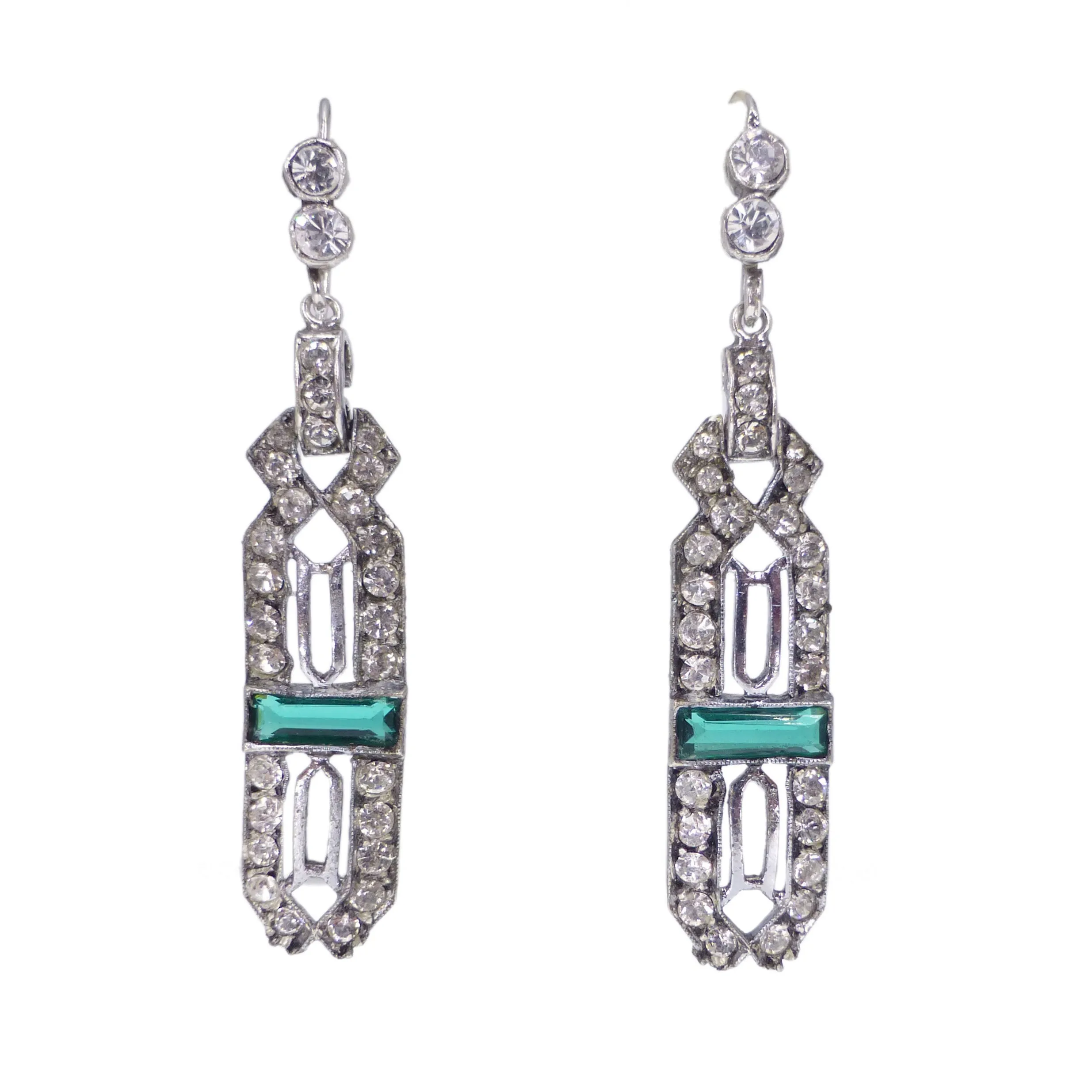 Antique Art Deco Silver Green Paste Earrings