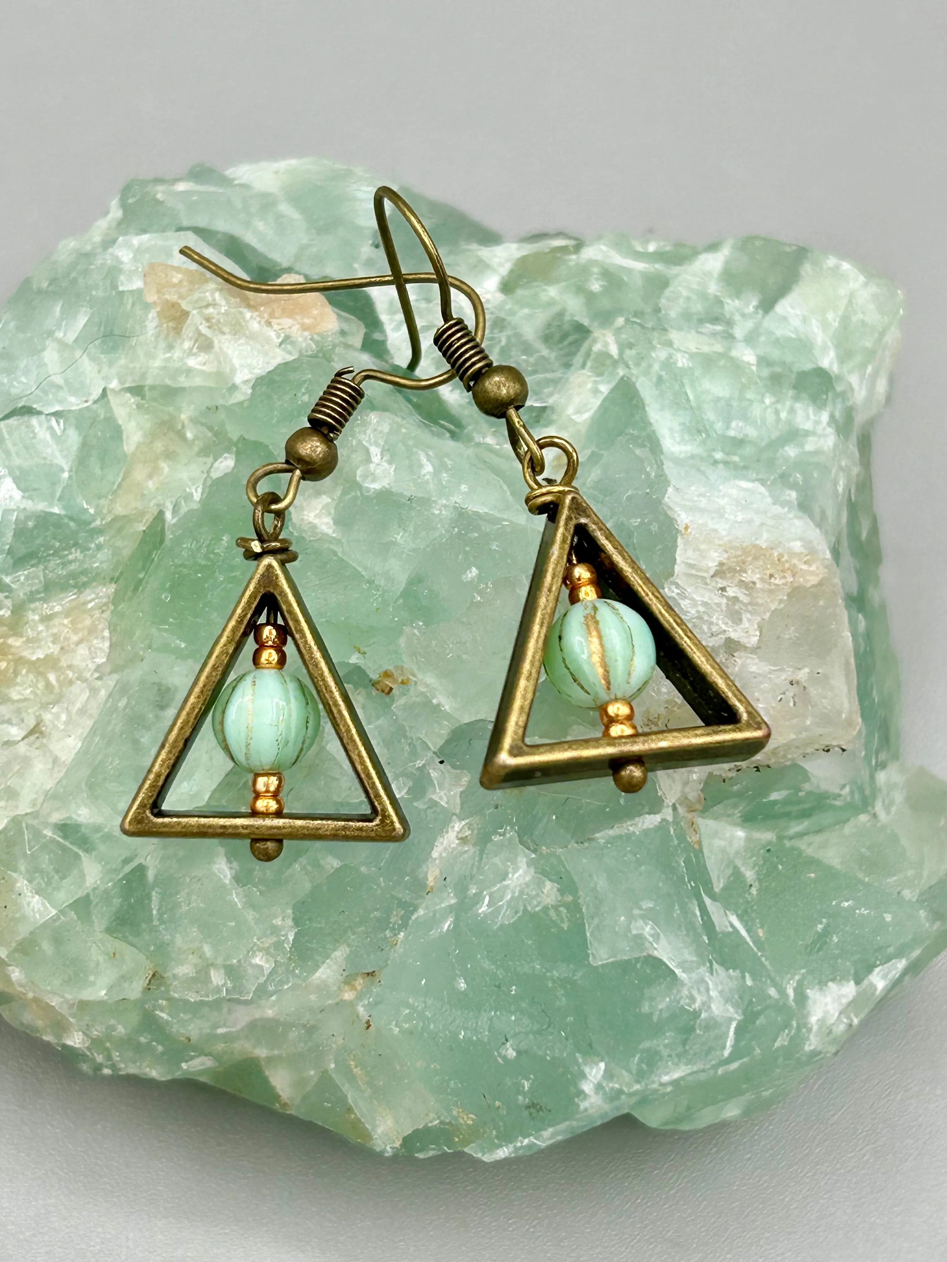 Antique Brass Triangle Dangle Earrings, Hippie Vibe, Neutral Colors, Boho Chic, Nature Inspired