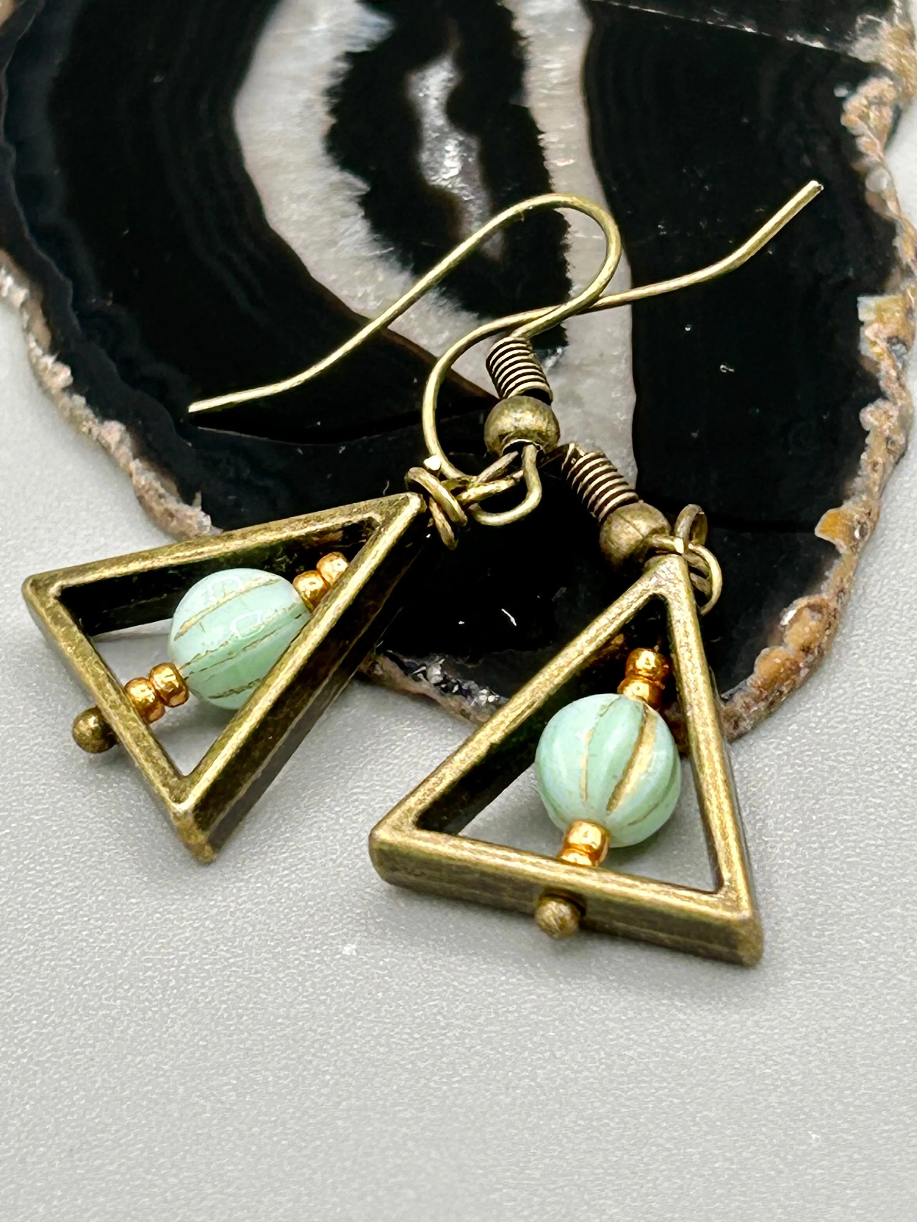Antique Brass Triangle Dangle Earrings, Hippie Vibe, Neutral Colors, Boho Chic, Nature Inspired