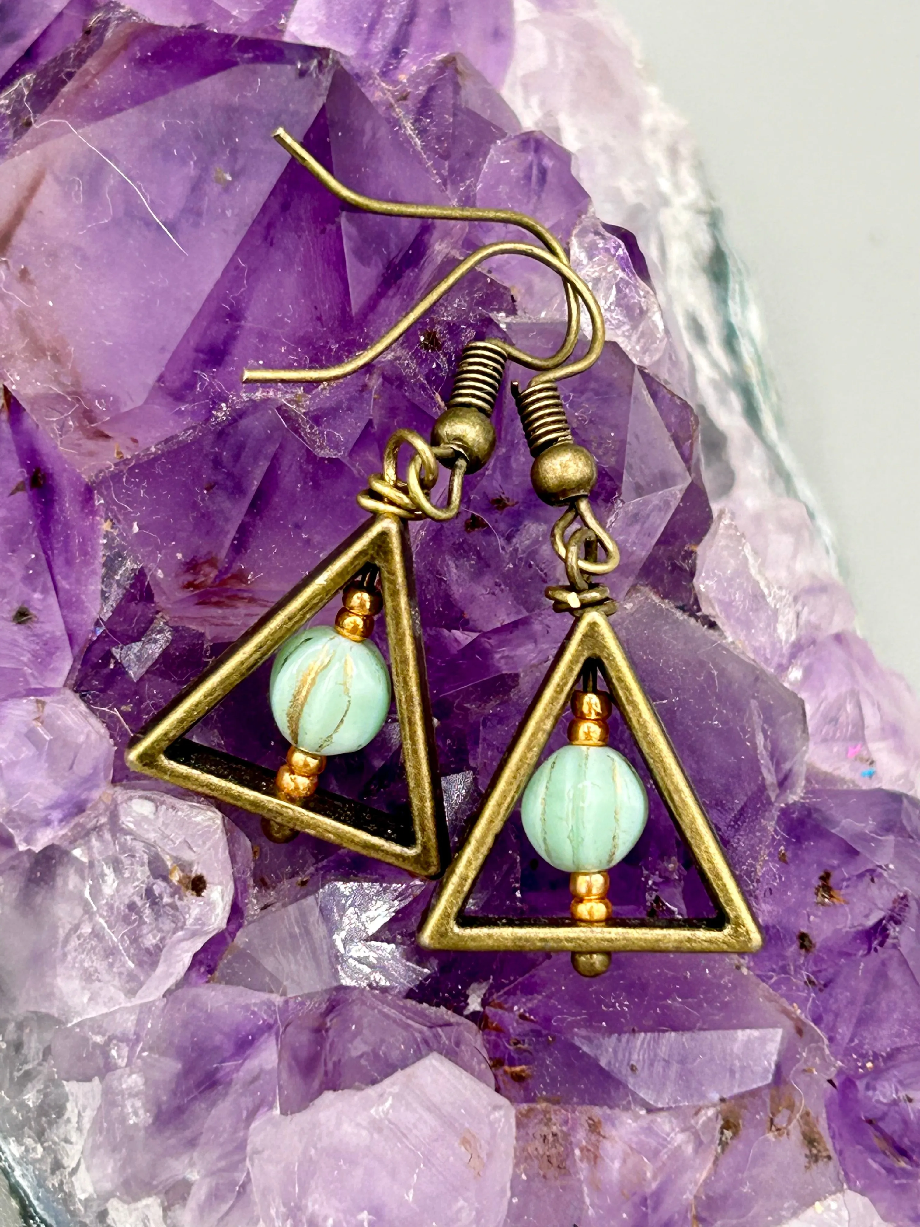 Antique Brass Triangle Dangle Earrings, Hippie Vibe, Neutral Colors, Boho Chic, Nature Inspired