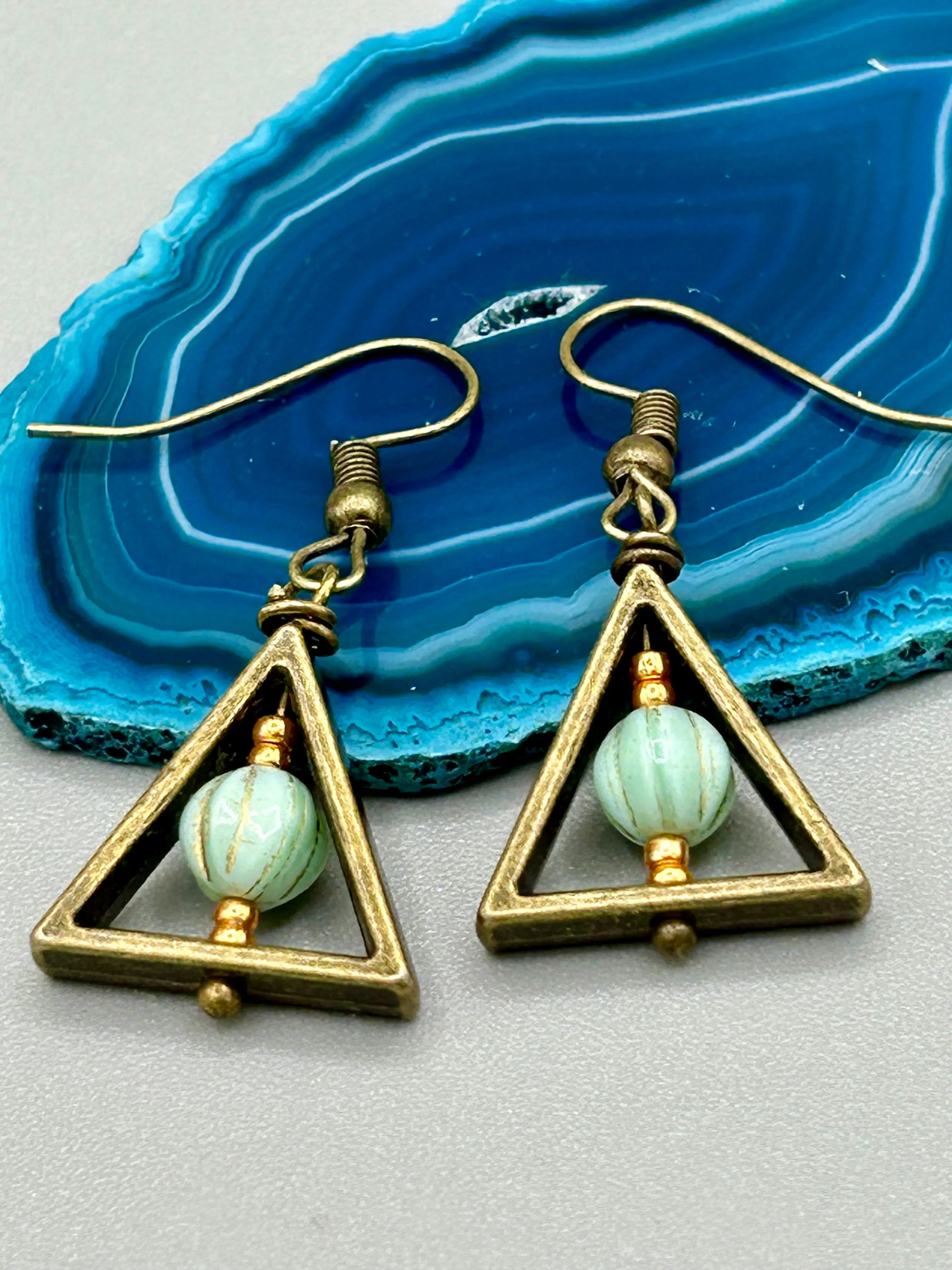 Antique Brass Triangle Dangle Earrings, Hippie Vibe, Neutral Colors, Boho Chic, Nature Inspired